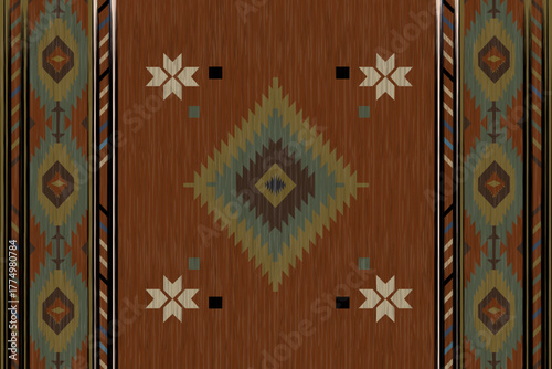 A geometric western-style rug featuring rich earthy tones Perfect for textile design, home decor, or vintage boho backgrounds.Terracotta Southwestern geometric rug pattern
