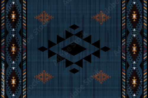 Dark Colorful Geometric Western Rug — Vibrant Accents on Deep Moody Tones,The deep background enhances the brightness of each decorative shape, making it ideal for textile design, home décor prints, p