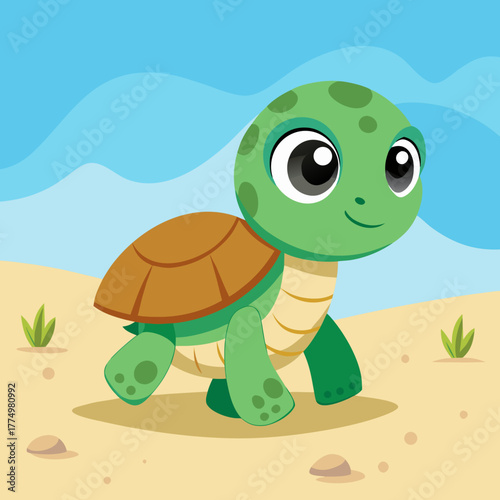 Cute cartoon turtle walking on the beach with a blue sky background