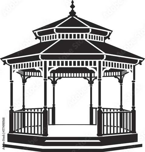 Vintage gazebo vector illustration, detailed architectural pavilion design, outdoor garden structure silhouette, ornamental park shelter artwork, traditional wooden architecture decoration graphic