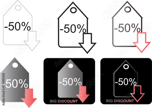 Clean minimalist set of commercial price reduction tags with a 50 percent discount symbol, ideal for retail promotions and sales marketing