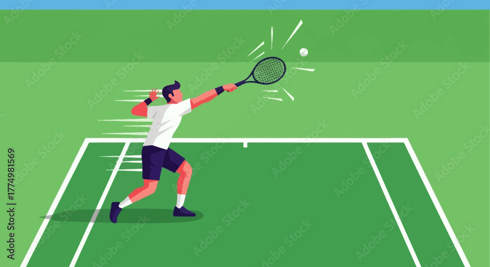 Fototapeta premium Tennis Player Hitting Forehand Shot on Green Court