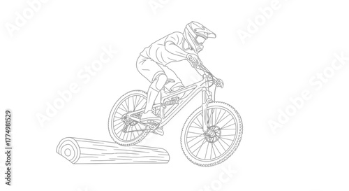 Downhill mountain biker gracefully jumping over log obstacle, showcasing skill and adventure in minimalist line art style, perfect for extreme sports themes