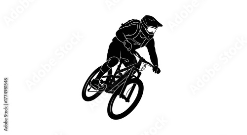 Dynamic mountain biker silhouette tearing down the trail, extreme sports adventure, downhill biking excitement, action-packed outdoor lifestyle design element