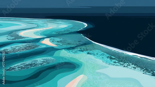 Flat vector illustration of Maldives aerial view, abstract turquoise and blue layers, flat modern artwork  made with Ai