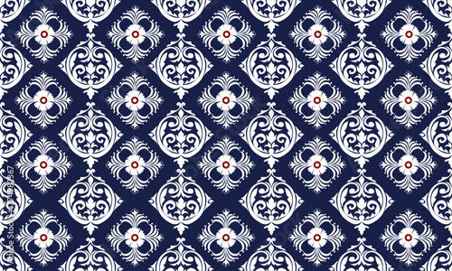 Dark blue watercolor damask pattern featuring elegant floral and leaf motifs in deep navy and muted blue tones. Painted with a soft watercolor texture that adds depth and sophistication, this luxuriou