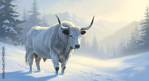 Majestic White Bull in a serene winter snowy landscape Art