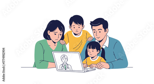 Worried family consults with doctor online using laptop, seeking medical advice and support during a telehealth appointment for their children's health