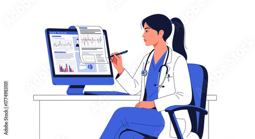 Modern female doctor reviewing patient charts and medical data on a computer, providing expert healthcare with compassion, originally a scalable vector graphic