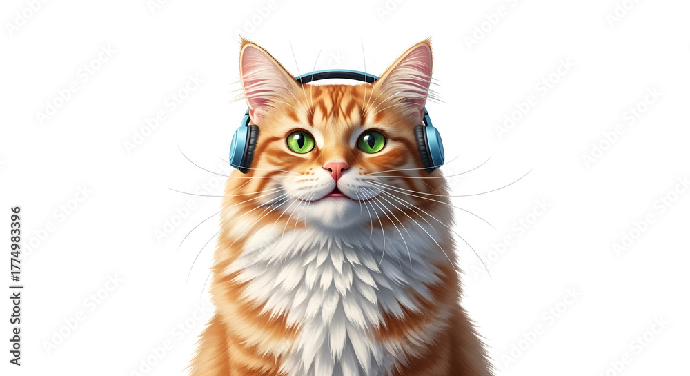 Fototapeta premium Cute orange and white cat wearing black headphones, looking calm as if enjoying music on a clean white background.