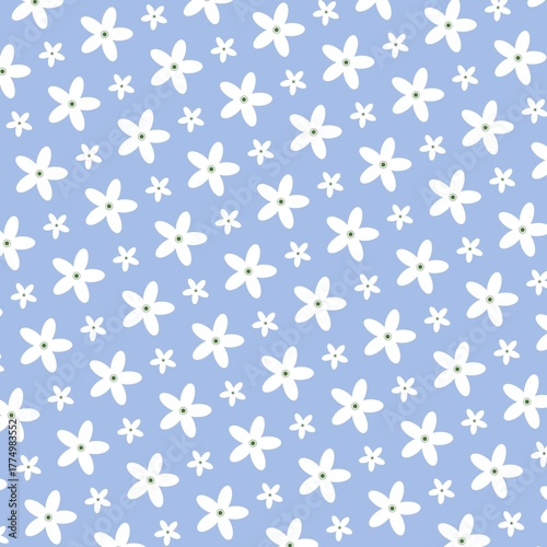Charming seamless floral pattern with tiny white daisies on a soft blue background.