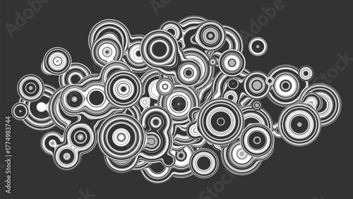 Fluid metaballs monochrome composition of concentric circles forming floating geometric cluster. Organic smooth contours create abstract cloud of connected spheres perfect for modern minimal design