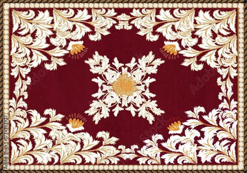 Red Persian Floral Rug Pattern vintage floral background Perfect for textile design, oriental carpets, wallpaper, or vintage decorative backgrounds.