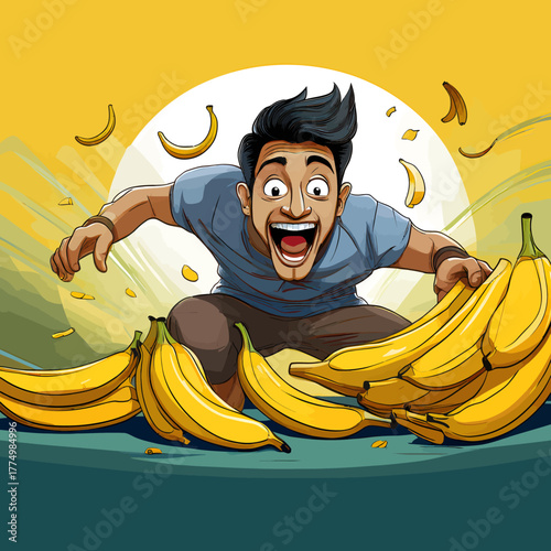 Excited Man Enthusiastically Reaching for a Large Bunch of Ripe Bananas in a Vibrant Yellow and Green Scene