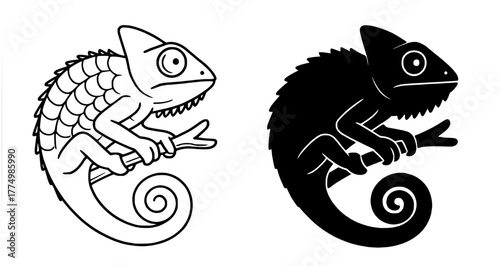 Chameleon Vector Illustration, Outline and Silhouette Versions