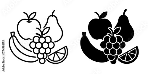 Fruits Vector Illustration, Outline and Silhouette Versions