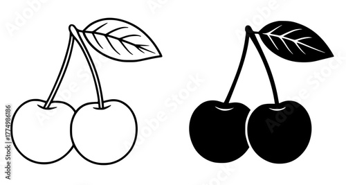 Cherry Fruit Vector Illustration, Outline and Silhouette Versions