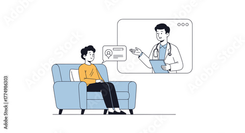 Comfortable telehealth consultation with friendly doctor, patient relaxes at home, virtual healthcare, modern remote medicine, online doctor visit, health advice