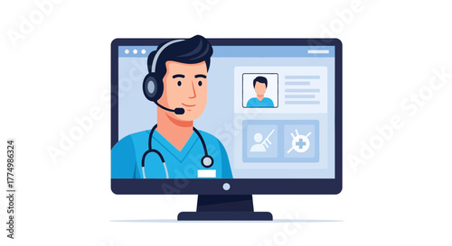 Engaging telemedicine doctor providing remote consultation on modern monitor, offering convenient healthcare and expert medical advice from home