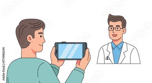 Man using telehealth app on smartphone for virtual doctor consultation, experiencing modern healthcare technology and connecting with a smiling physician