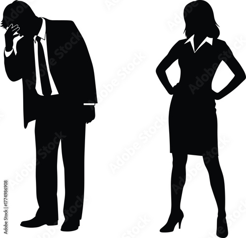 PrintBusinessman and businesswoman silhouette, argument and disagreement concept, stressed man and confident woman in workplace, corporate communication problem illustration