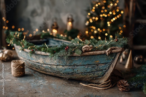 Old wooden boat decorated for New Year celebration