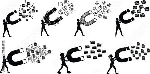 PrintPeople using giant magnets to attract digital files and data, concept of data collection, information gathering, technology, innovation, storage, management