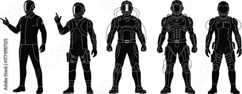 PrintFuturistic evolution of human figures wearing advanced space suits and armor, concept of technology progression, sci-fi innovation, and digital transformation.