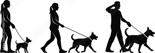 PrintSilhouette illustration of people walking dogs on leashes, pet walking concept, outdoor exercise, companionship, healthy lifestyle, animal care, training