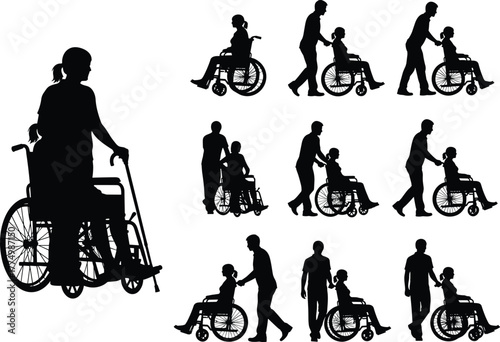 PrintSilhouette of caregiver assisting person in wheelchair, rehabilitation, healthcare support concept, disability care, medical aid illustration, social help compassion