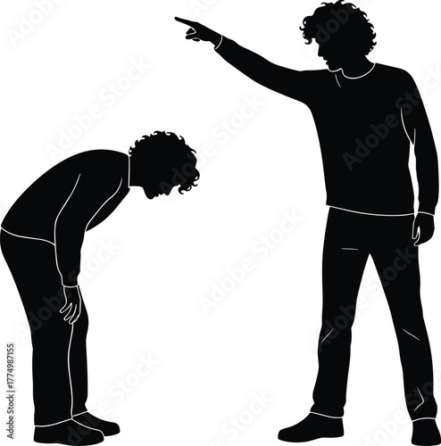 PrintSilhouette of angry man pointing finger at sad person, conflict, argument, bullying, stress, domination, workplace aggression, emotional tension
