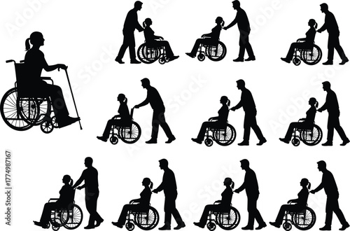 PrintSilhouette of caregiver helping woman in wheelchair, disability support, rehabilitation assistance, healthcare concept, nursing aid, mobility care, compassion service illustration