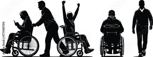 PrintSilhouette of diverse people with disabilities using wheelchairs and walking, inclusion, accessibility, teamwork, disability support, rehabilitation, independence, motivation, equality