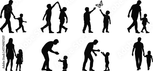 Silhouette of parents and children walking, playing, bonding outdoors, family love illustration, happy parenting moments, caring relationship, childhood connection concept