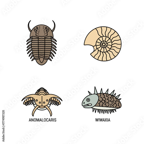 Colorful icon set of prehistoric marine animals and fossils.