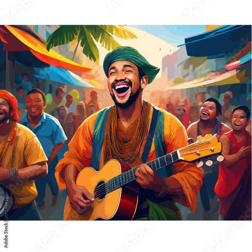 A charismatic street performer with a guitar shares infectious laughter and vibrant music, bringing immense joy and a lively cultural atmosphere to a bustling outdoor gathering