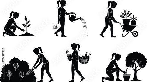 PrintWoman gardening silhouette collection, female gardener planting watering trimming plants, garden maintenance tools, eco lifestyle, agriculture work, black vector illustration