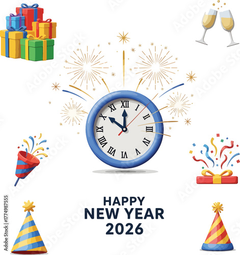 Illustration of a clock striking midnight surrounded by festive New Year's Eve elements like fireworks, champagne glasses, and party hats, all in a colorful and celebratory mood.