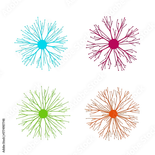 Four abstract colorful neuron illustrations in a grid.
