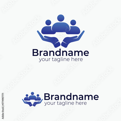 Community Care and Support Logo: Hand-Held People Symbolizing Teamwork, Protection, Unity, and Social Responsibility for Non-Profit or Corporate Brand Identity