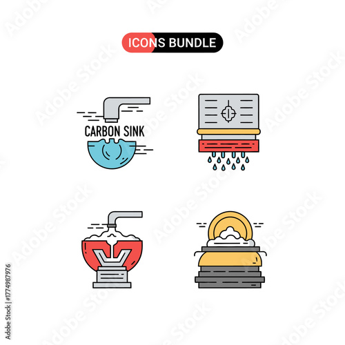 Four colorful icons bundle representing carbon sink and other related elements.
