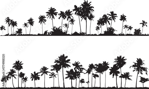 Palm Tree Silhouette Set on Small Islands Vector Illustration