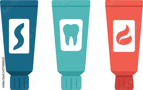 Three Tubes of Toothpaste with Different Flavors and Dental Care Formulas for Fresh Breath and Healthy Gums