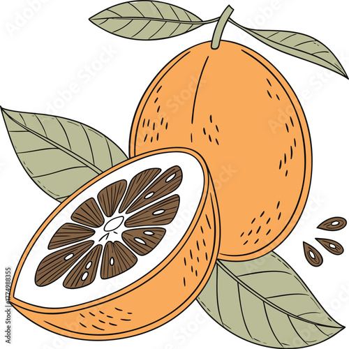Fresh Orange Fruit with Leaf and Slice ? Traditional Media Food Illustration.eps