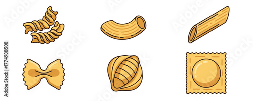 Set of flat line cartoon icons featuring various types of yellow Italian pasta like fusilli penne farfalle on a white background