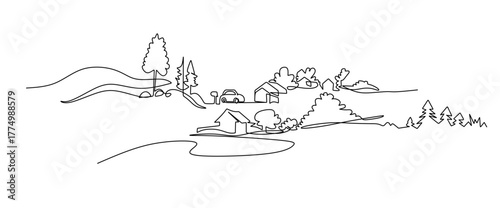Rural landscape continuous one line vector drawing. Lake house in the woods hand drawn silhouette. Country nature panoramic sketch