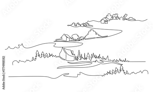 Rural landscape continuous one line vector drawing. Lake house in the woods hand drawn silhouette. Country nature panoramic sketch