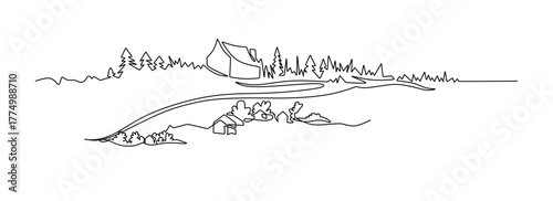 Rural landscape continuous one line vector drawing. Lake house in the woods hand drawn silhouette. Country nature panoramic sketch