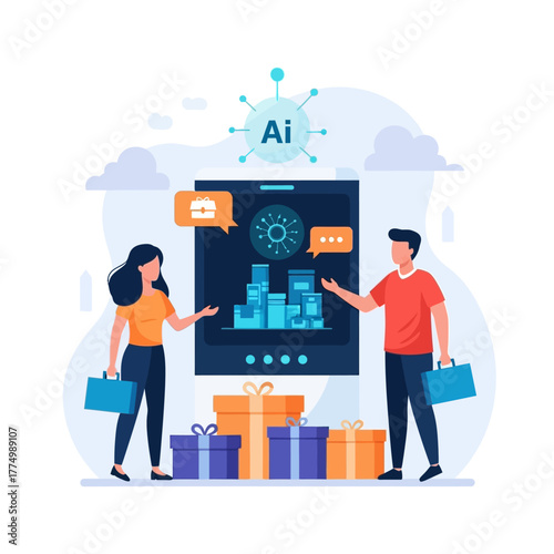 A couple explores futuristic E-commerce, using artificial intelligence to discover amazing Online Deals on their mobile device
