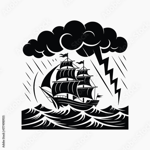 Black and white graphic of a sailing ship navigating rough seas during a storm with lightning waves isolated white background,